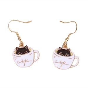 Adorable Black Cat in a Coffee‎ Cup Dangle Earrings